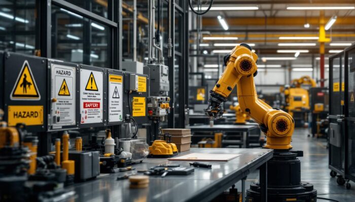 A photograph of a well-organized industrial workspace featuring safety signage
