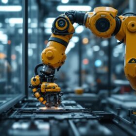 A photograph of a modern industrial robot in action within a manufacturing setting