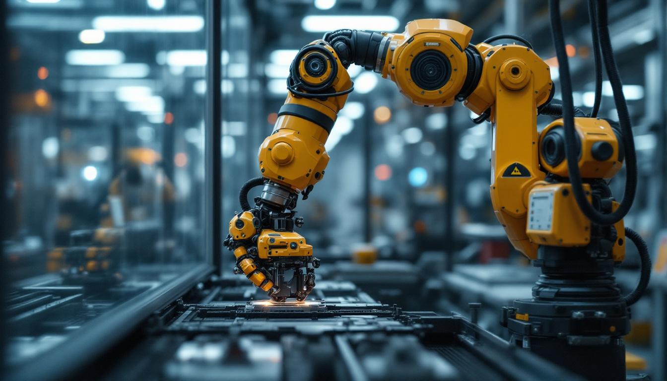 A photograph of a modern industrial robot in action within a manufacturing setting