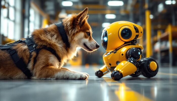 A photograph of a playful dog interacting with a futuristic robotic device in an industrial setting