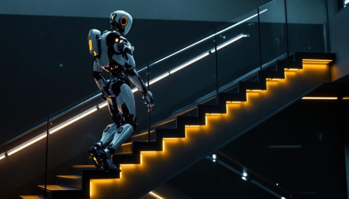 A photograph of a sleek industrial robot navigating a set of stairs