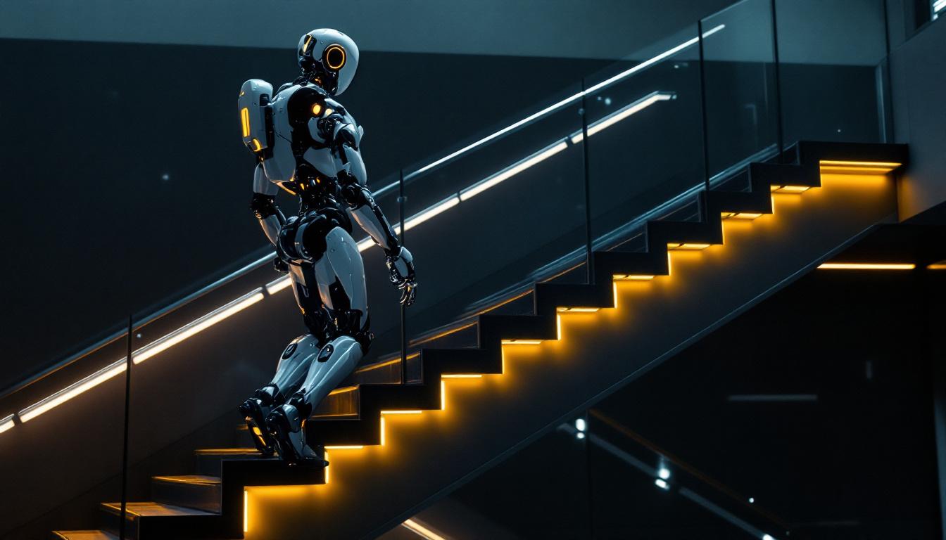 A photograph of a sleek industrial robot navigating a set of stairs