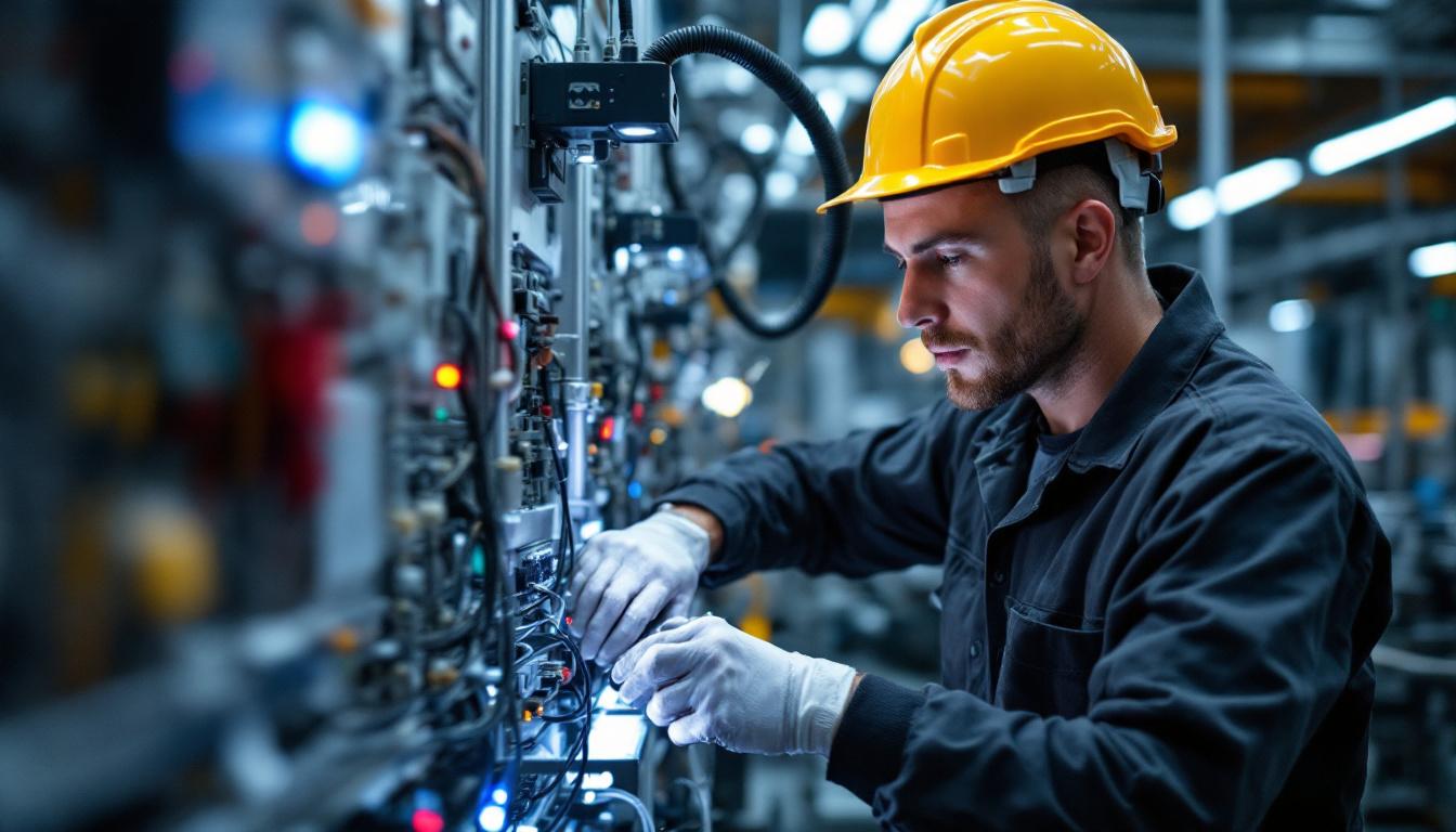 A photograph of a skilled master electrician working on industrial robotic systems in a massachusetts facility
