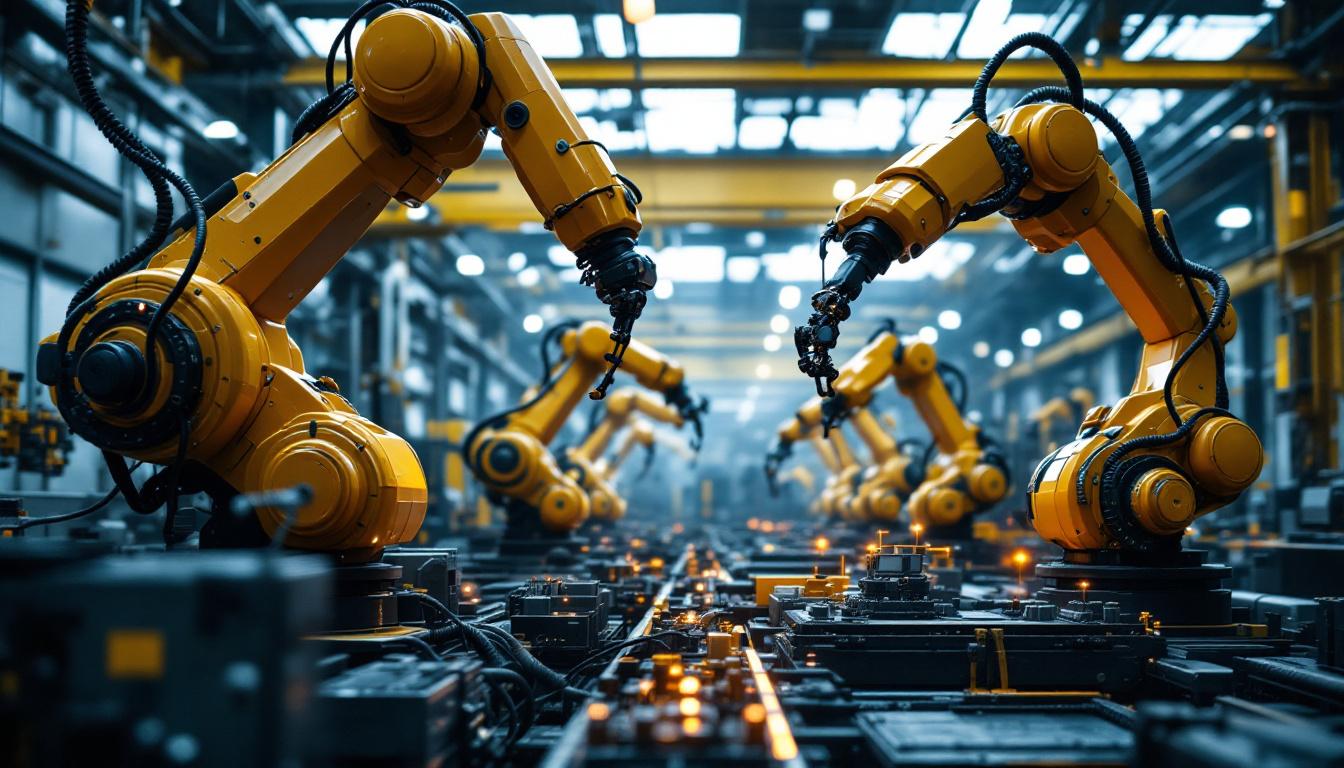 A photograph of a dynamic industrial environment showcasing advanced robotic arms in action
