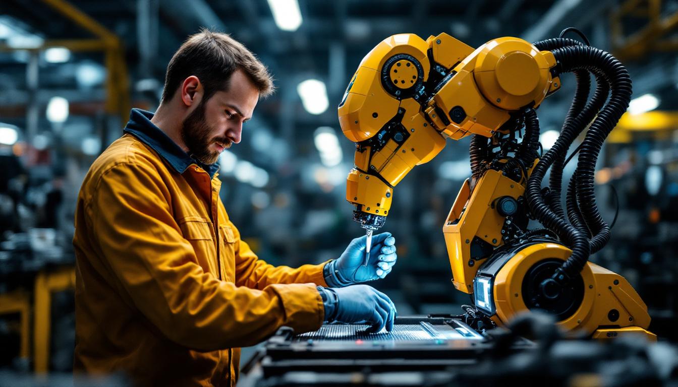 A photograph of a skilled technician working alongside an industrial robot in a modern boston manufacturing facility
