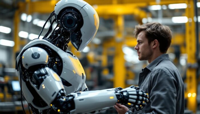A photograph of a humanoid industrial robot working alongside a human in a factory setting