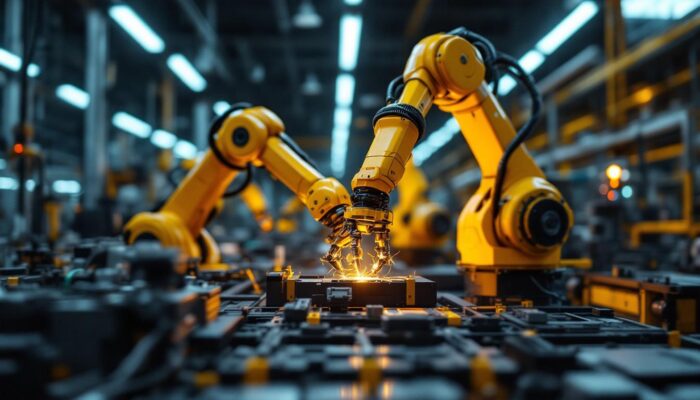 A photograph of a dynamic industrial setting featuring a robotic arm in action