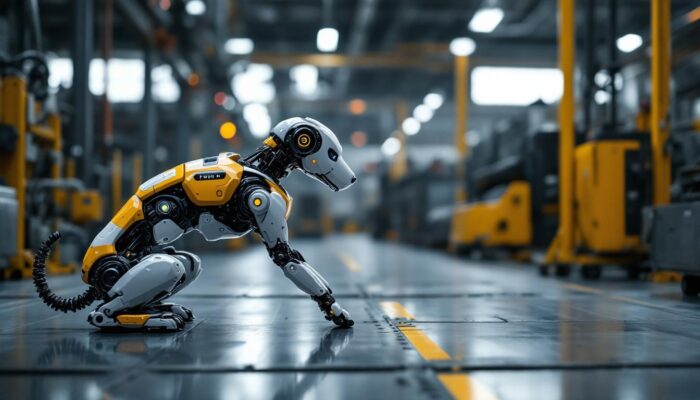 A photograph of a realistic robotic dog interacting with its environment in an industrial setting