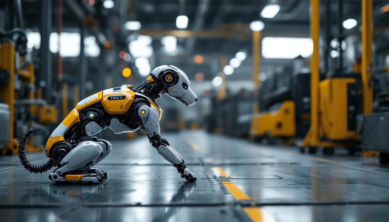 A photograph of a realistic robotic dog interacting with its environment in an industrial setting