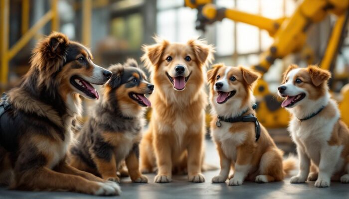 A photograph of a lively scene featuring a variety of dog breeds in a playful environment