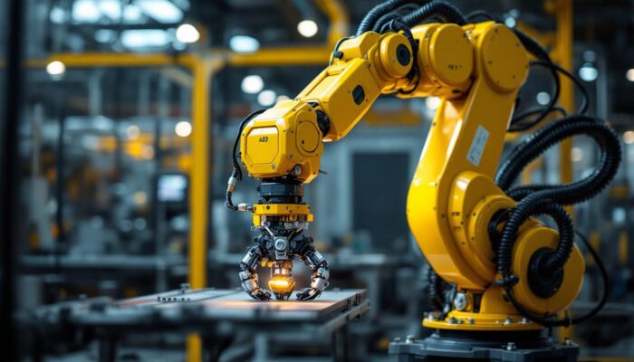 A photograph of a dynamic industrial robotic arm in action