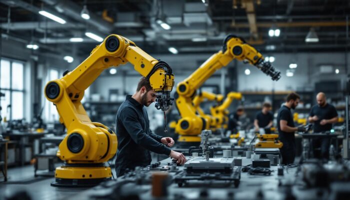 A photograph of a dynamic industrial robotics workspace at the coop in boston