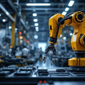 A photograph of an industrial robot in action within a manufacturing environment