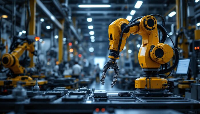 A photograph of an industrial robot in action within a manufacturing environment