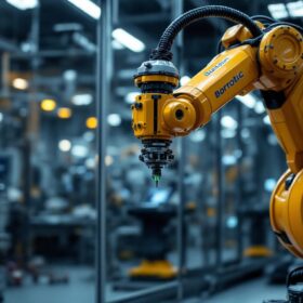A photograph of a sleek industrial robotic arm in action within the boston scientific cambridge facility