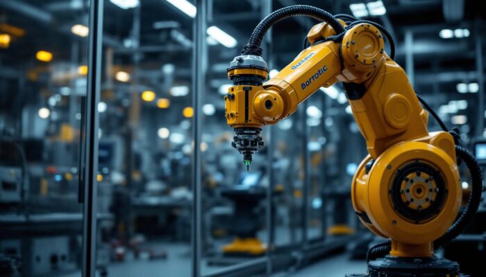 A photograph of a sleek industrial robotic arm in action within the boston scientific cambridge facility