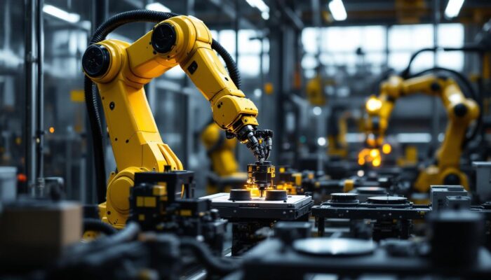 A photograph of a sleek industrial robotic arm in action within a modern manufacturing environment