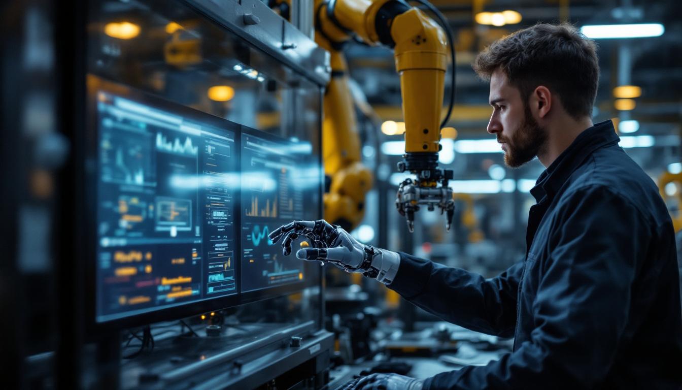 A photograph of a skilled technician programming or operating an industrial robotic arm in a modern manufacturing environment