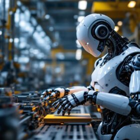 A photograph of a sleek industrial robot in action within a modern manufacturing facility