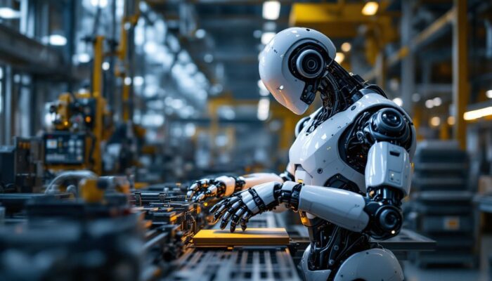 A photograph of a sleek industrial robot in action within a modern manufacturing facility