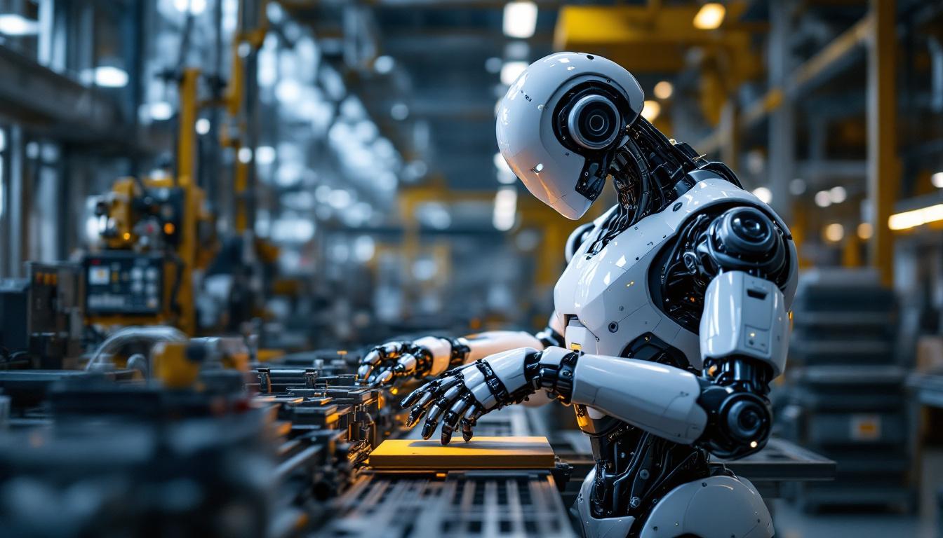 A photograph of a sleek industrial robot in action within a modern manufacturing facility