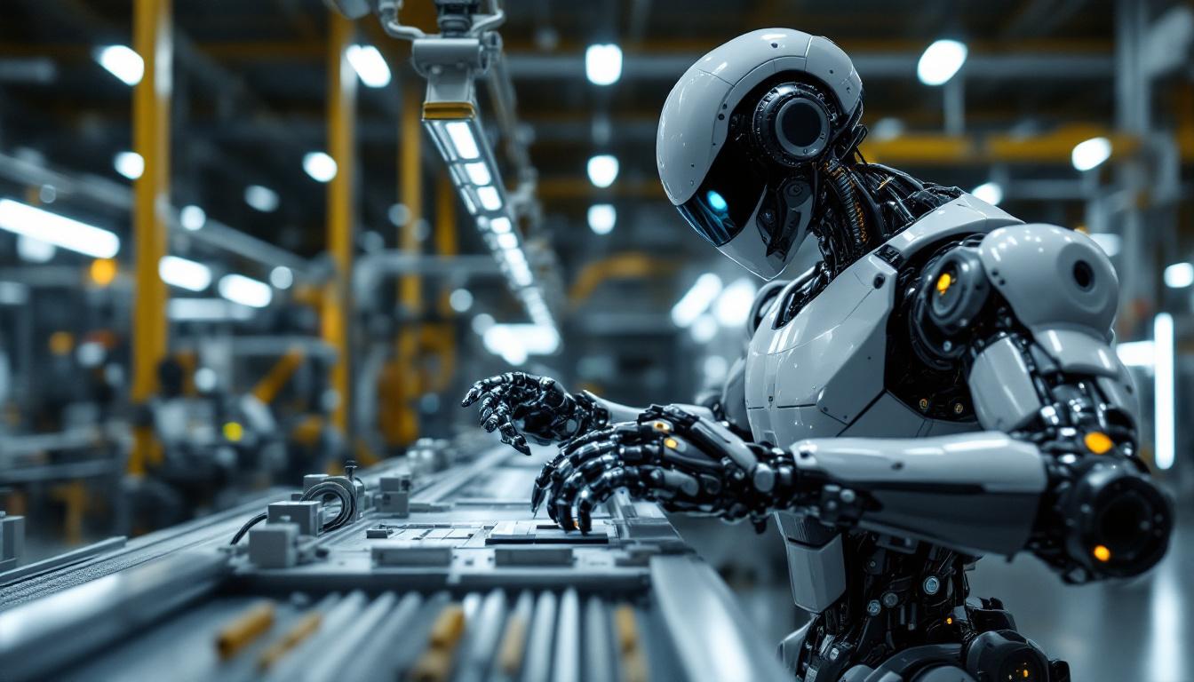 A photograph of a sleek industrial robot in action within a manufacturing environment