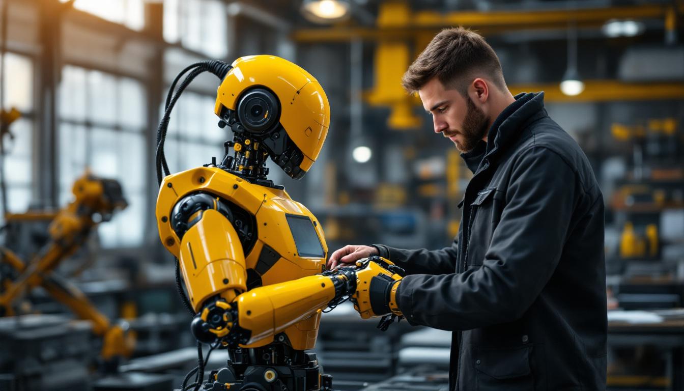 A photograph of a mechanical engineering intern working hands-on with an industrial robot in a modern workshop setting