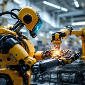 A photograph of a dynamic industrial robot in action within a modern engineering lab at boston university