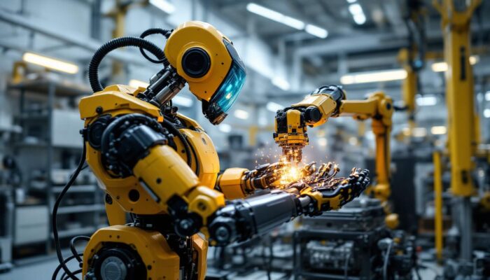 A photograph of a dynamic industrial robot in action within a modern engineering lab at boston university
