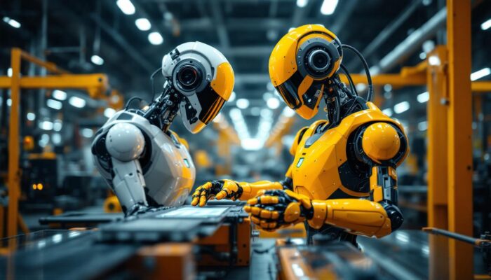 A photograph of a sleek industrial robot in action within a modern manufacturing facility