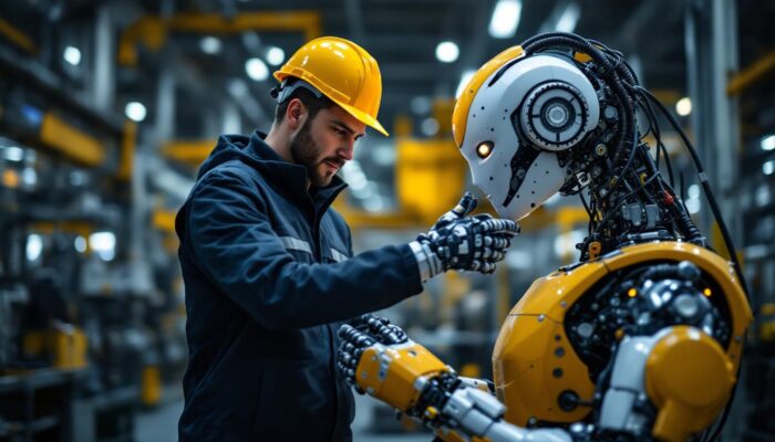 A photograph of a mechanical engineer interacting with an industrial robot in a modern manufacturing setting