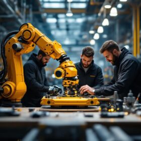 A photograph of a dynamic industrial robotics workspace