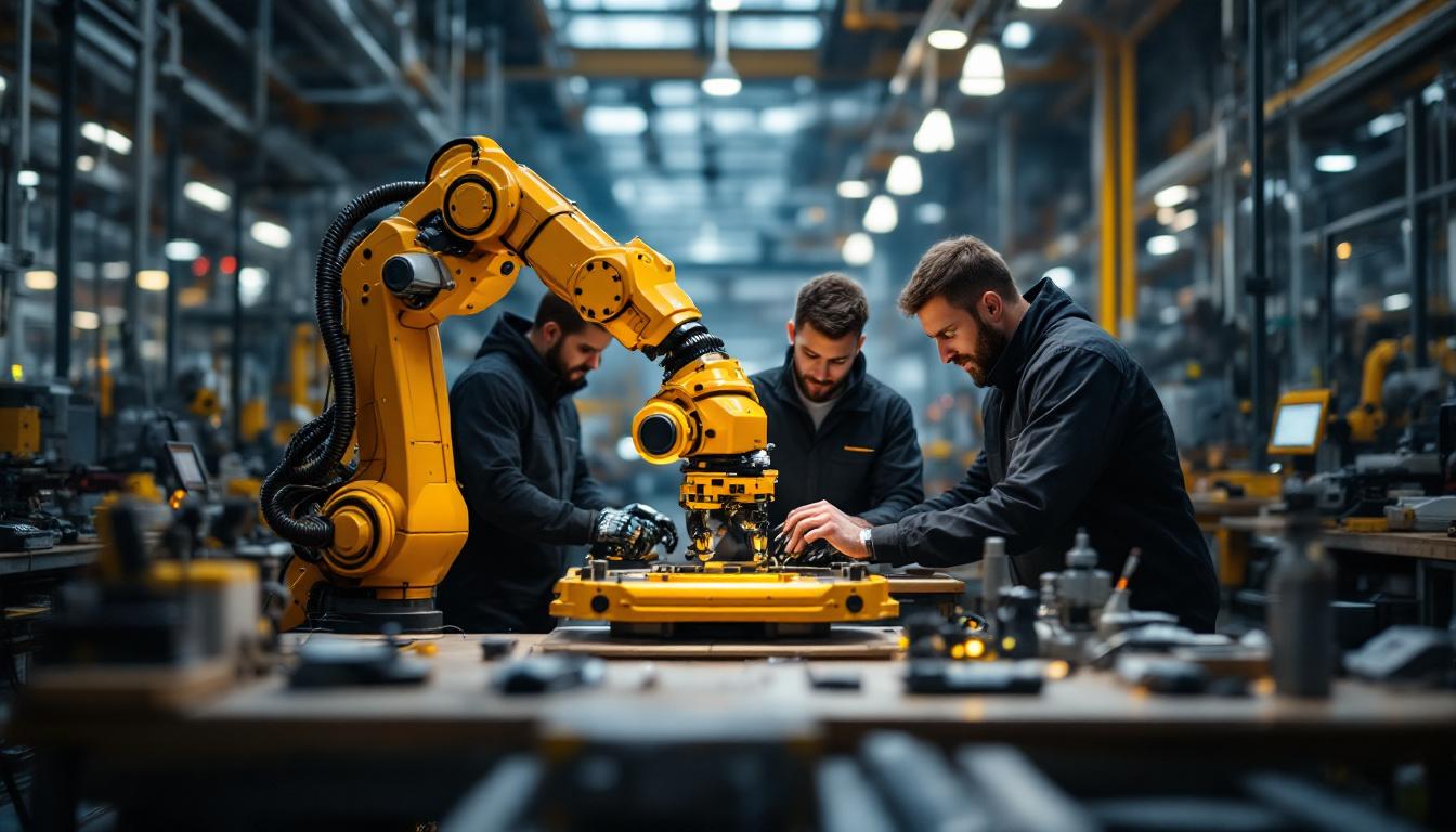 A photograph of a dynamic industrial robotics workspace