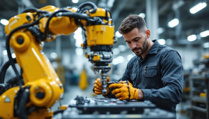 A photograph of a skilled mobile mechanic working on an industrial robotic arm in a boston workshop