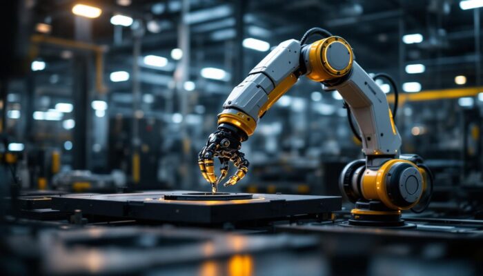 A photograph of a sleek industrial robotic arm in action within a modern manufacturing environment