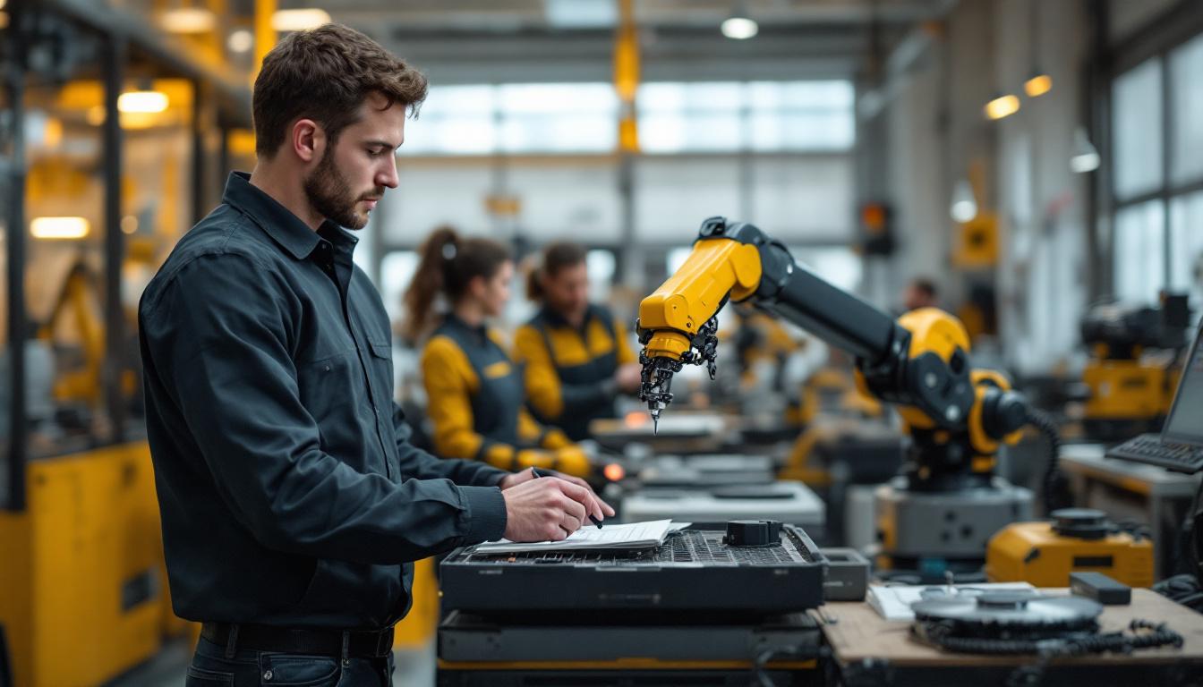 A photograph of a fit model interacting with an industrial robot in a dynamic workspace