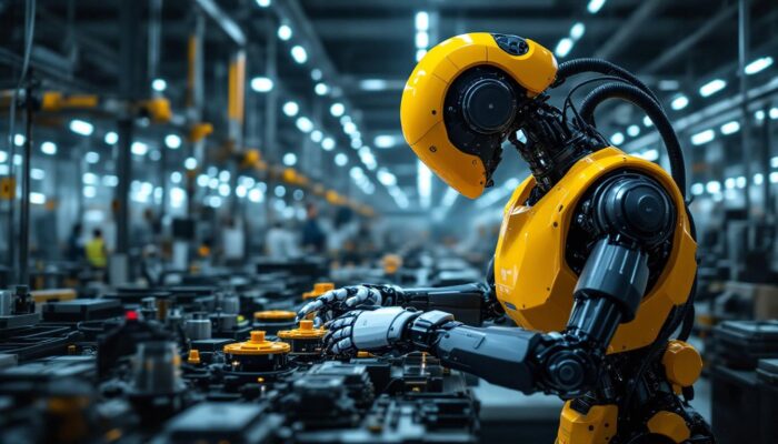 A photograph of a modern industrial robot in action within a manufacturing environment