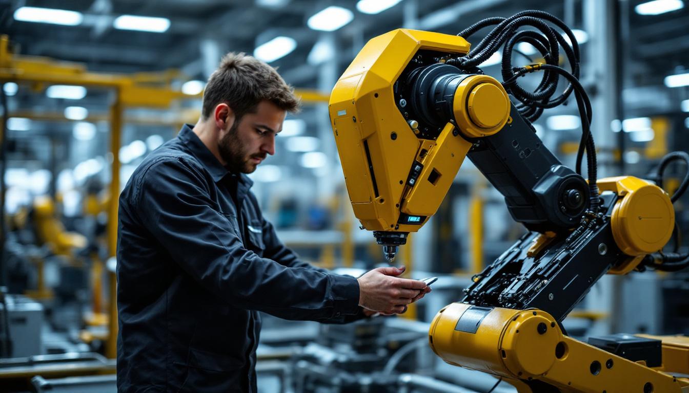 A photograph of a skilled technician interacting with a state-of-the-art industrial robot in a modern manufacturing environment