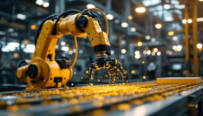 A photograph of a dynamic industrial setting featuring a robotic arm in action