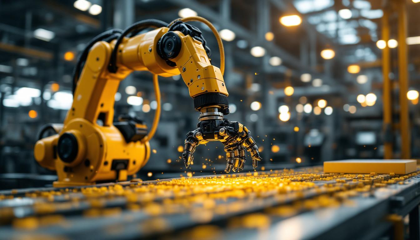 A photograph of a dynamic industrial setting featuring a robotic arm in action
