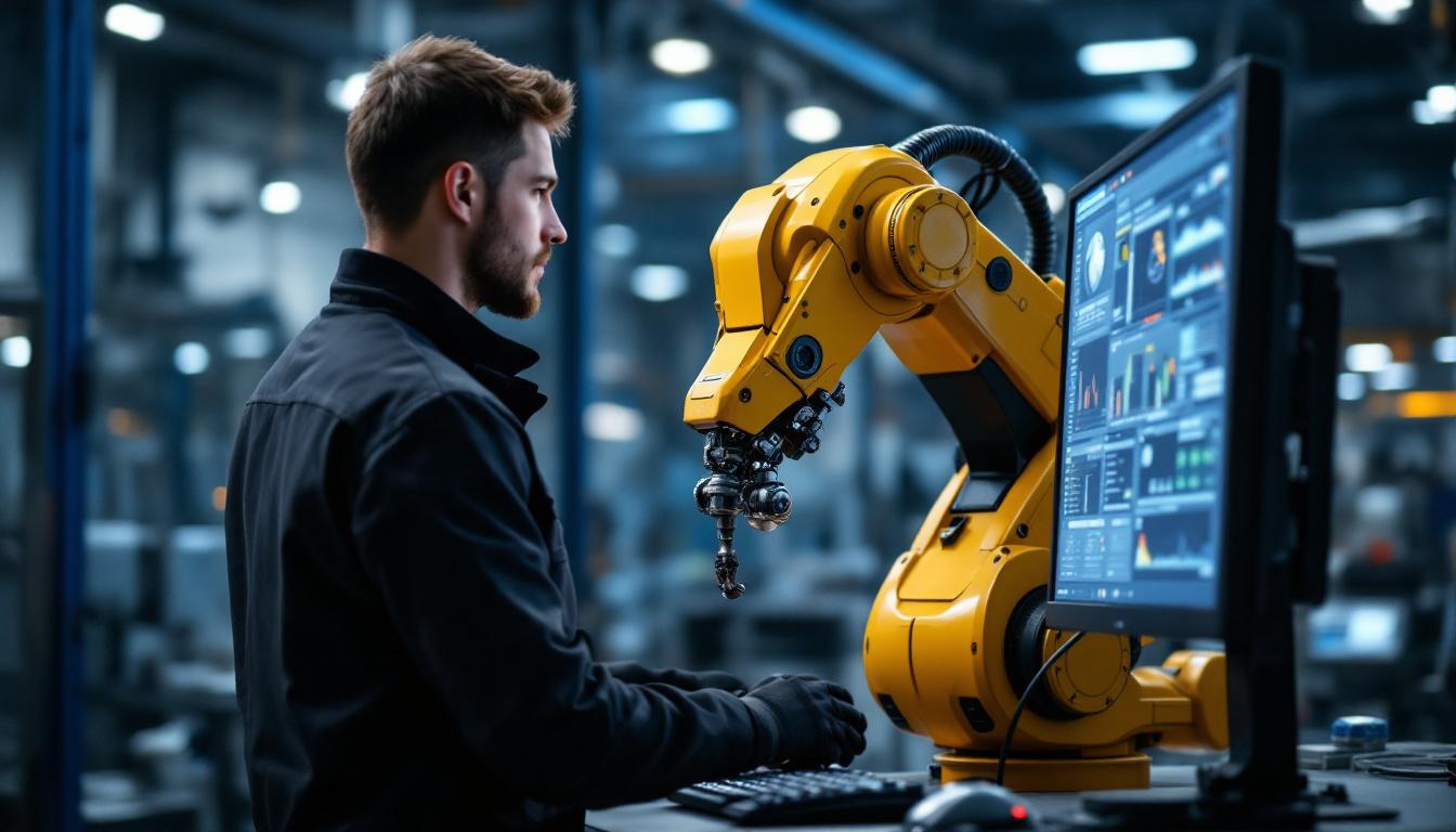 A photograph of a skilled technician programming an industrial robot in a modern manufacturing environment