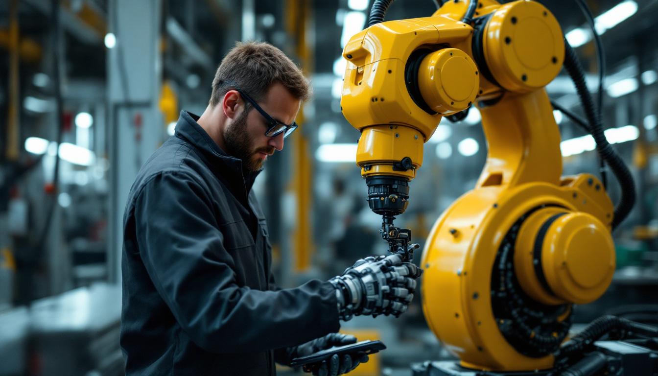 A photograph of a skilled technician operating an industrial robot in a modern manufacturing setting