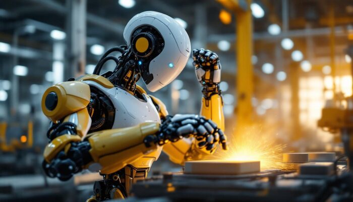 A photograph of a sleek industrial robot in action within a modern manufacturing environment