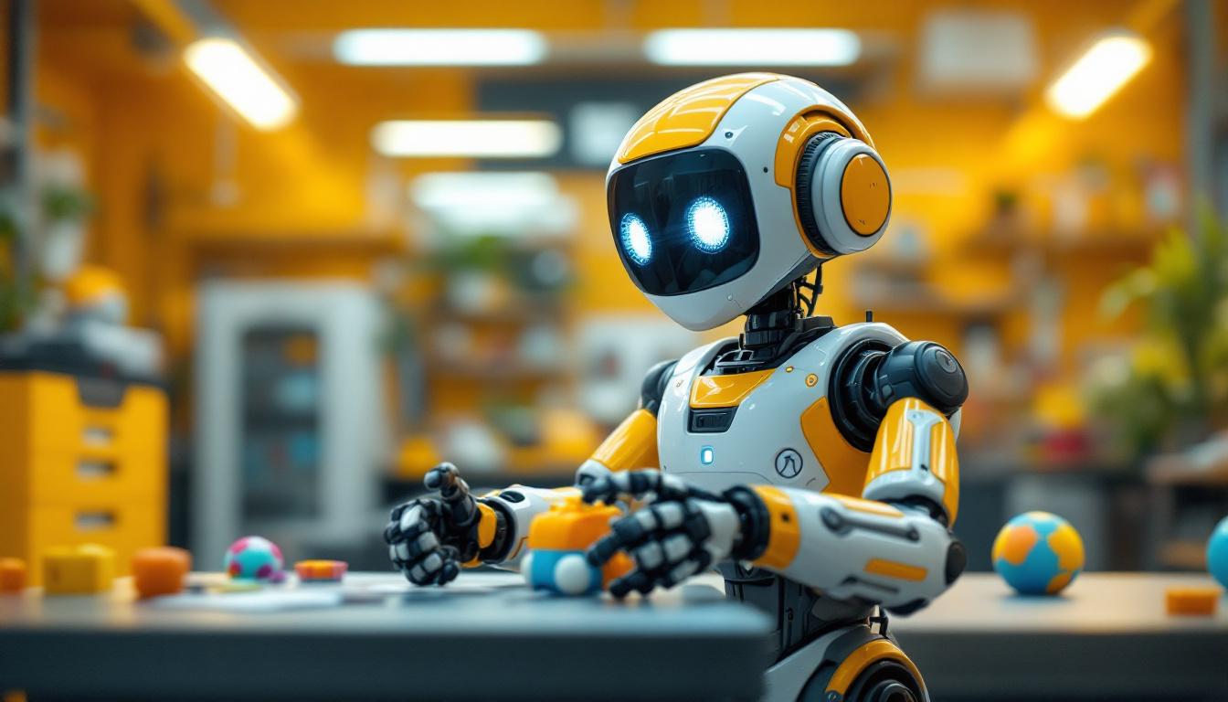 A photograph of a friendly-looking industrial robot in a vibrant