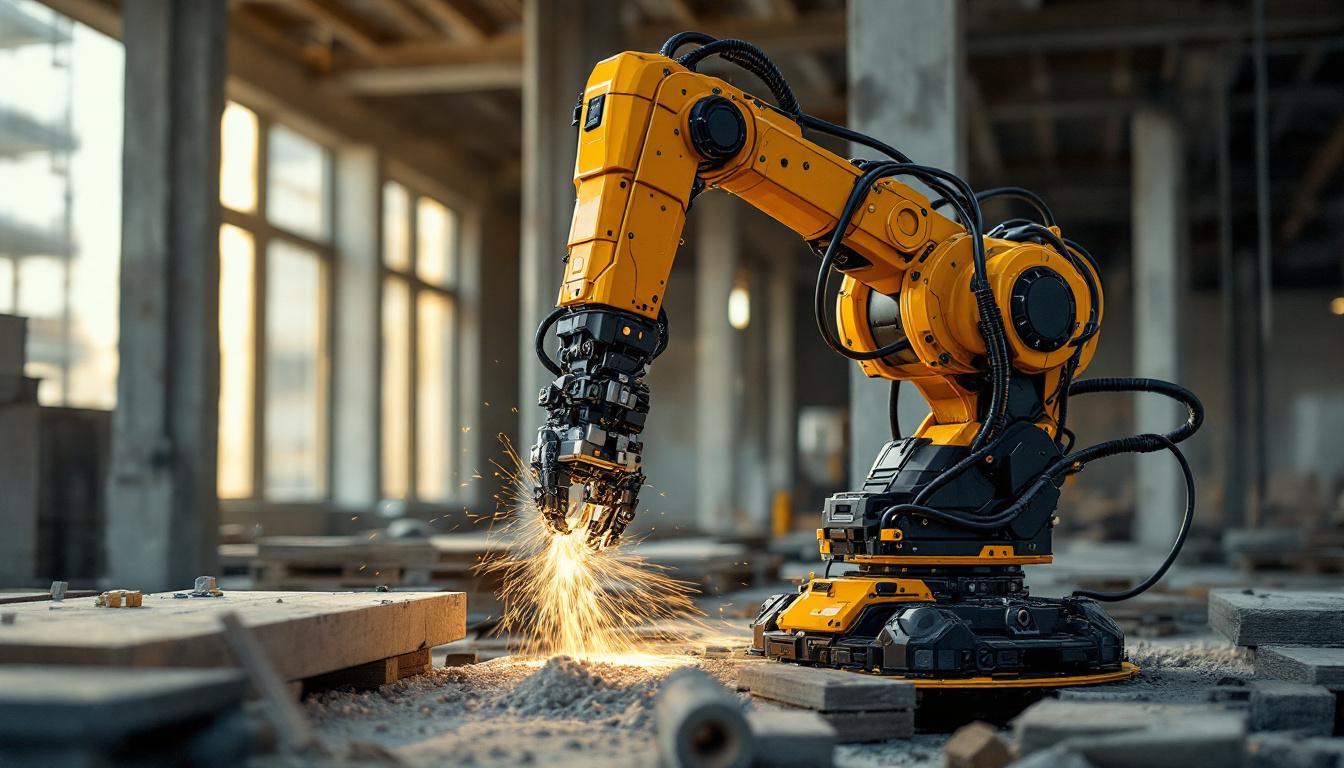 A photograph of capture a photograph of an industrial robot in action on a construction site