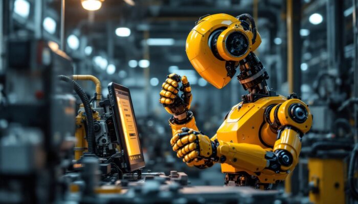 A photograph of an industrial robot in action within a manufacturing setting