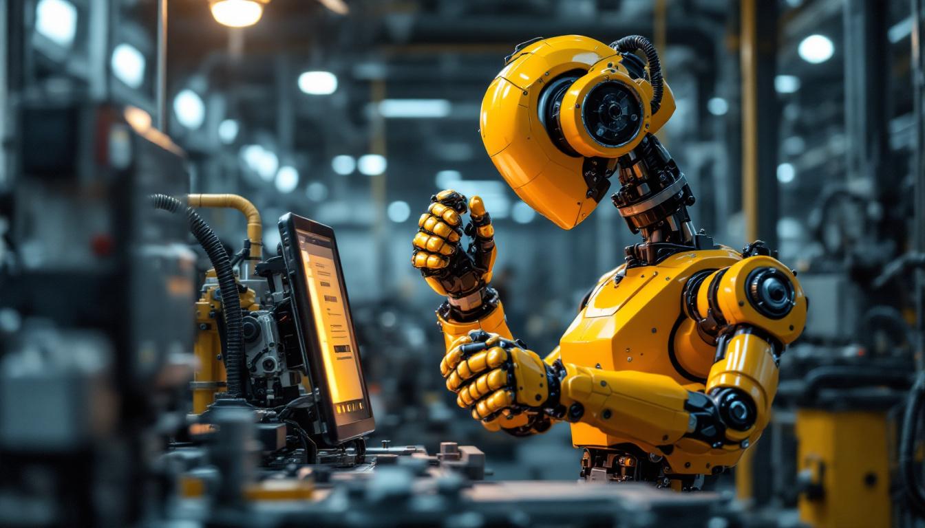 A photograph of an industrial robot in action within a manufacturing setting