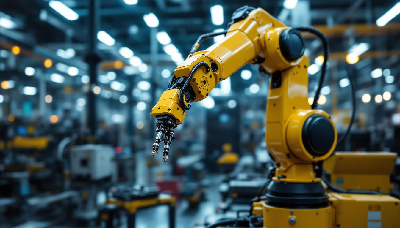 A photograph of a sleek industrial robotic arm in action within a high-tech manufacturing environment