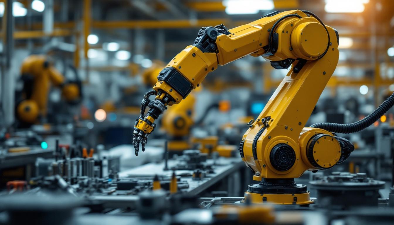 A photograph of a sleek industrial robotic arm in action within a modern manufacturing environment