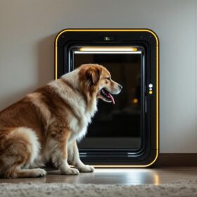 A photograph of capture a photograph of a large dog using an industrial robotic electronic pet door